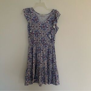 Loft Size 2P Petite Blue Red White Paisley Decorative Ruffle Casual Dress
